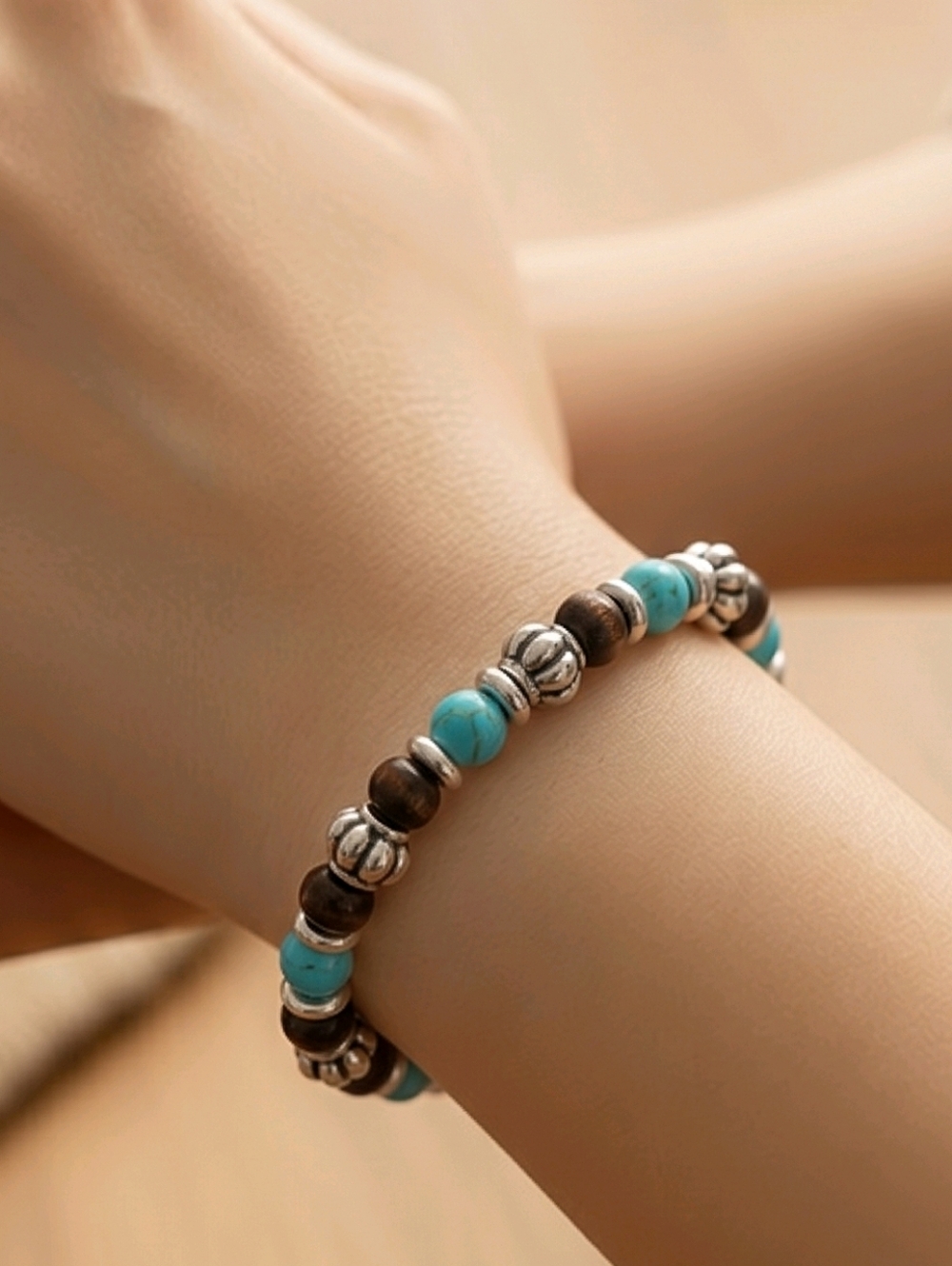 Brown Turquoise Beaded Bracelet 7mm Stretch Boho Western Cowgirl Earthy Minimal